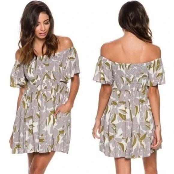 free people movement Dresses & Skirts - Free People Louise Mini Dress Size Small‎ Purple Floral Smocked Off The Shoulder